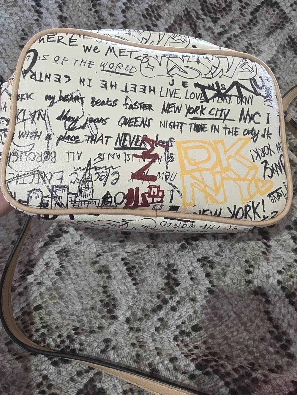 DKNY Graffiti Logo Crossbody in White, Teal & Mustard